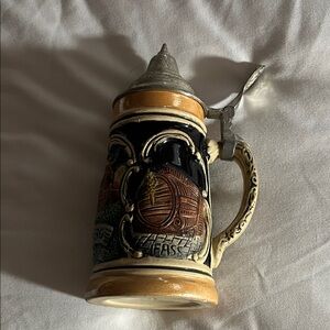 Vintage Traditional Ceramic Beer Stein with Pewter Lid - Brown/Black